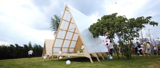 A-frame cabins under construction