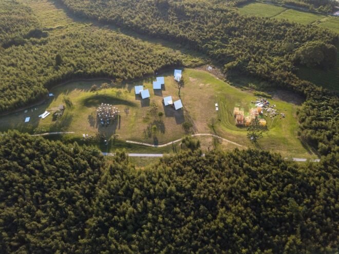 aerial view of metallic cabins