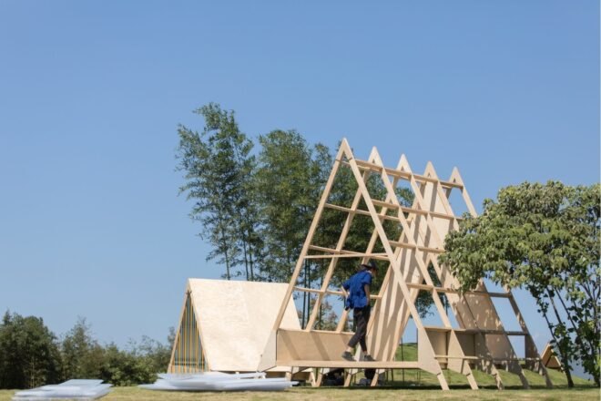 A-frame cabin under construction