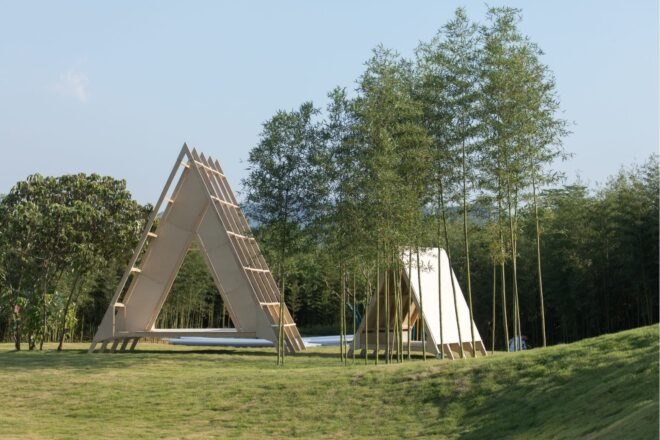 A-frame cabins under construction