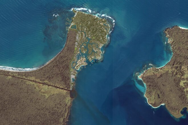 aerial map rendering of resort lodgings on lush island