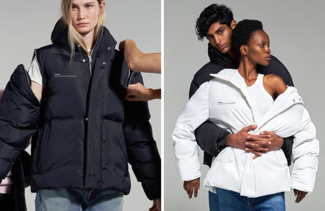 On the left, person zipping off sleeves of a puffer coat. On the right, two people wearing puffer coats.