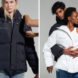On the left, person zipping off sleeves of a puffer coat. On the right, two people wearing puffer coats.