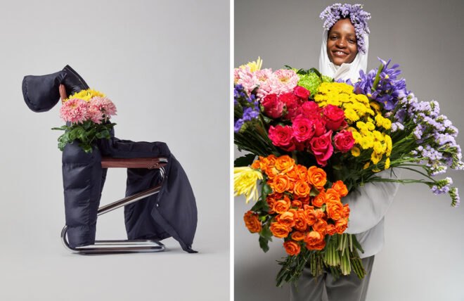 Puffer coat and flowers on a chair and person in puffer coat holding flowers