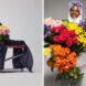 Puffer coat and flowers on a chair and person in puffer coat holding flowers
