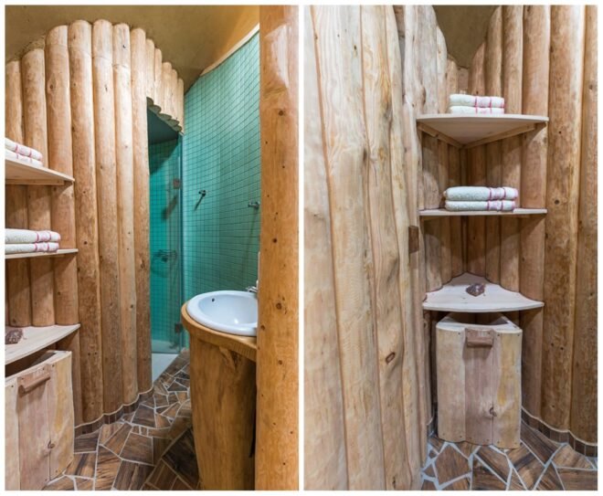 wooden bathroom with shelves