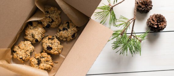 Aerial view of oatmeal raisin cookies in a box near evergreen tree branches