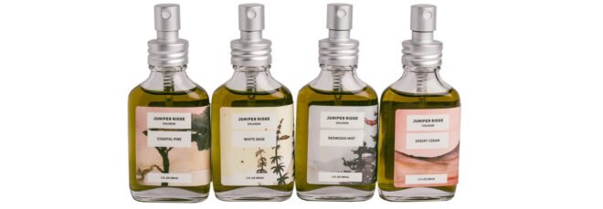 A line-up of four cologne bottles