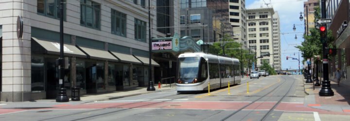 bus driving through empty streets of Kansas City