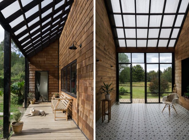 On the left, dog resting on wood porch. On the right, covered sunroom with glass window and skylights