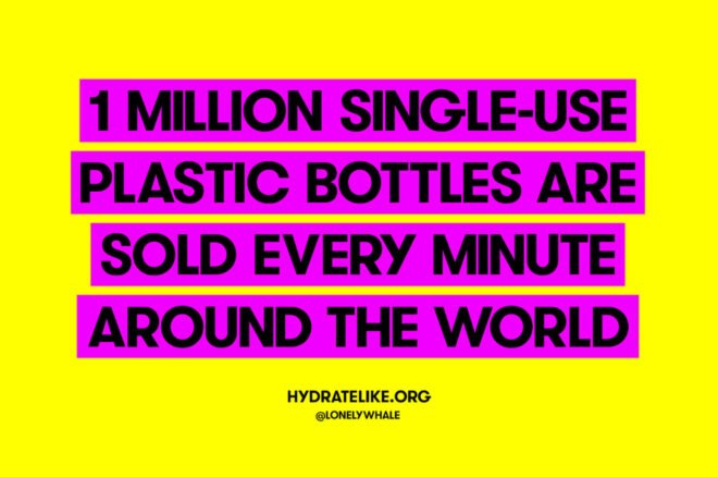 Text on purple and yellow background that reads, "1 million single-use plastic bottles are sold every minute around the world"