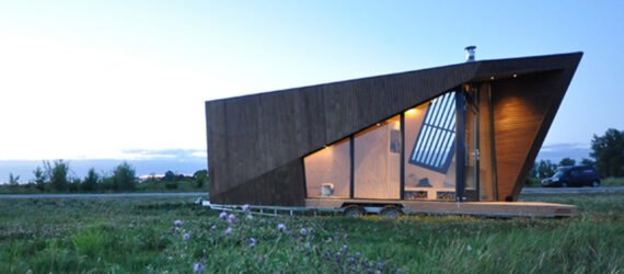 pine-clad tiny home with angular roof