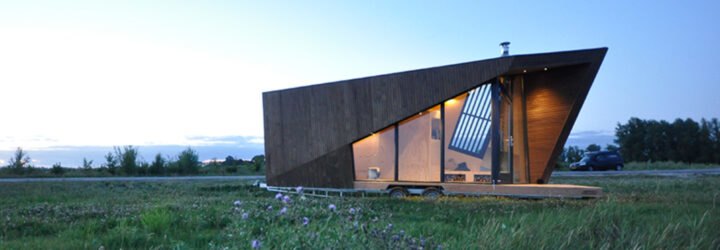 pine-clad tiny home with angular roof
