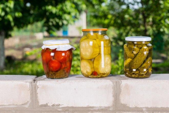 fermented food in glass jars outside