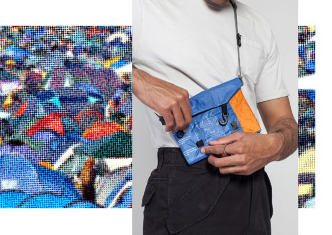 person latching blue crossbody bag