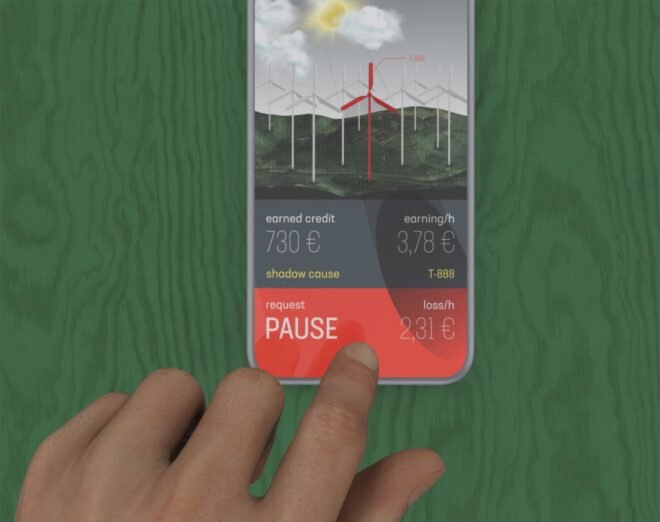 rendering of person pressing button on a wind turbine app