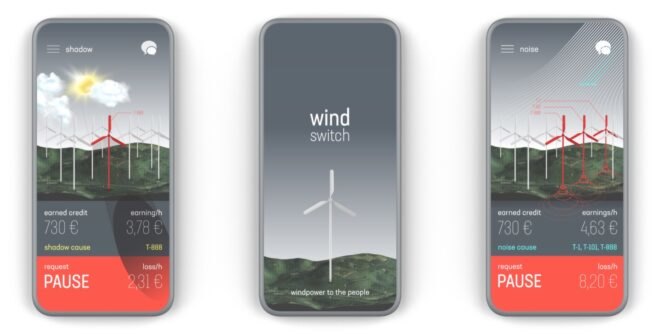 rendering of phones with app interface that controls nearby wind turbines