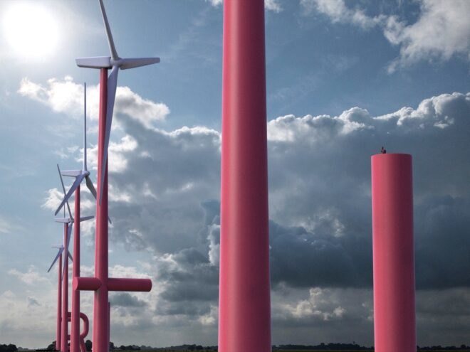 tall, red wind turbines