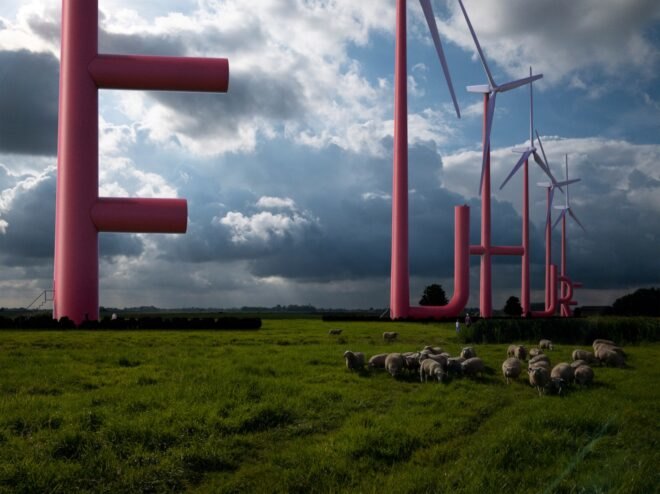 red wind turbines spelling out the word "Future"