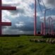 red wind turbines spelling out the word 