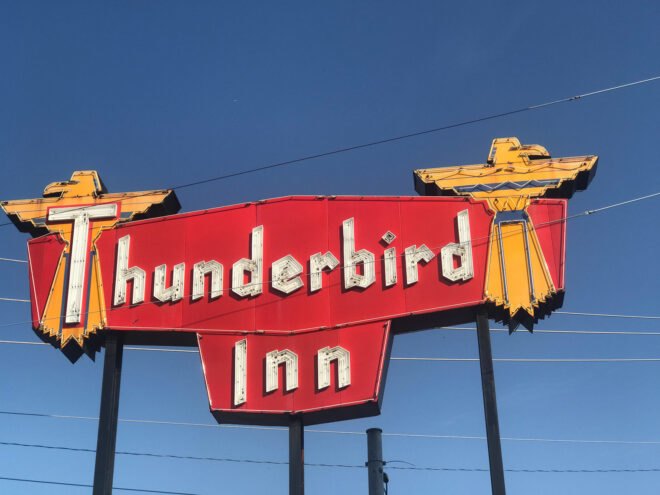 retro sign that reads, "Thunderbird Inn"