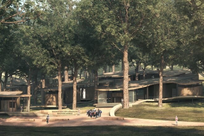 rendering of large wildlife center surrounded by trees