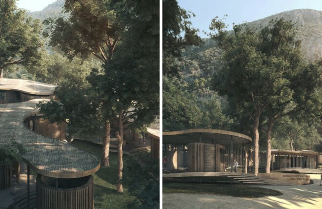 rendering of wood wildlife center with curving design
