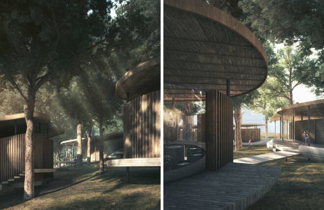 rendering of wood wildlife center with large openings