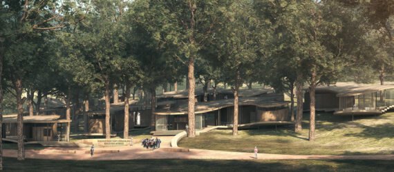 rendering of large wildlife center surrounded by trees
