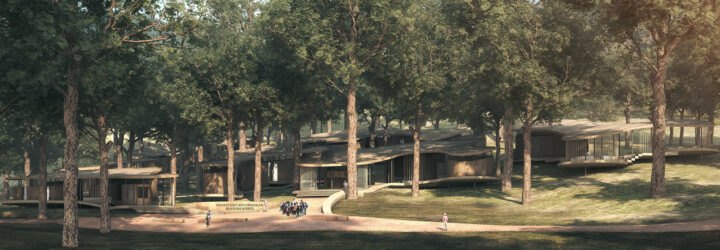 rendering of large wildlife center surrounded by trees