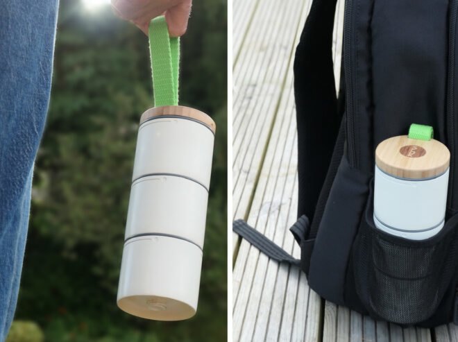 On the left, person holding stacked white food containers. On the right, stacked white food containers in water bottle pouch of a backpack.