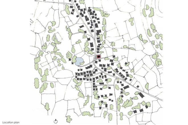 Diagram of House in a Gaothan by unTAG. A map shows the "location plan," including black squares, green blobs, and one blue circle toward the center of the map. a single black square in the center is lined in red.