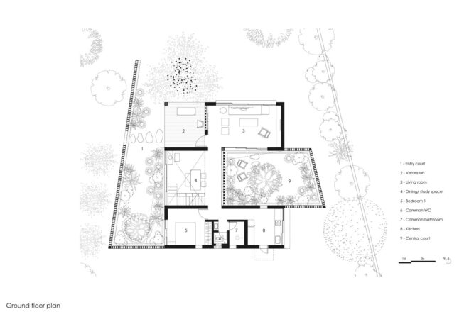 Diagram of House in a Gaothan by unTAG. A map shows the "ground floor plan," with different areas of the house numbered off.