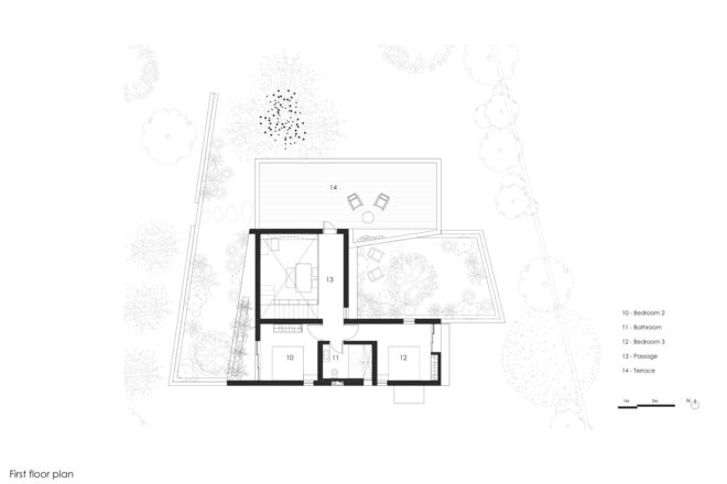 Diagram of House in a Gaothan by unTAG. A map shows the "the first floor plan," with different areas of the house numbered off.