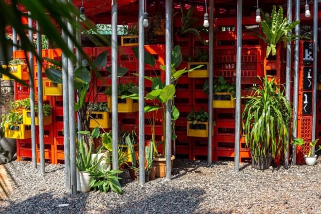 walls of plastic crates with plants