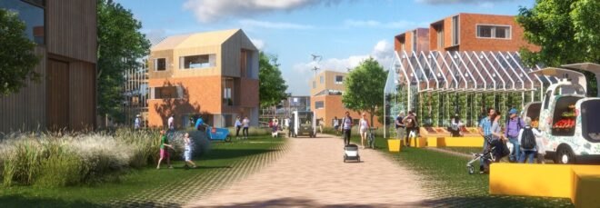 rendering of neighborhood with gabled buildings and greenhouses