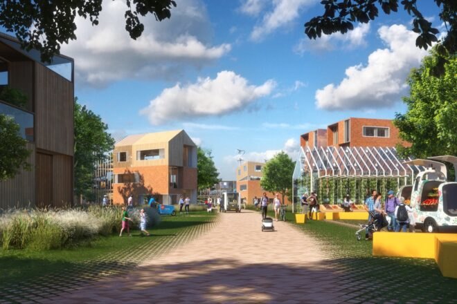 rendering of neighborhood with gabled buildings and greenhouses