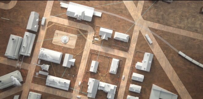 diagram with white building models on tan background