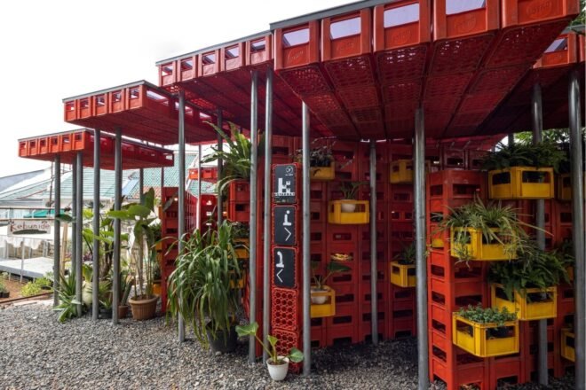 pavilion made of repurposed plastic crates