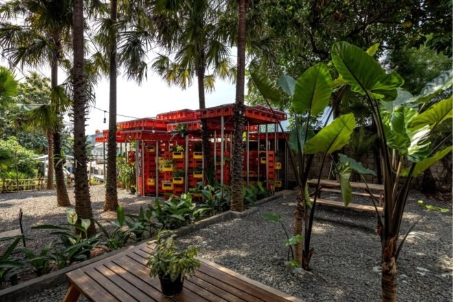 pavilion made of repurposed plastic crates