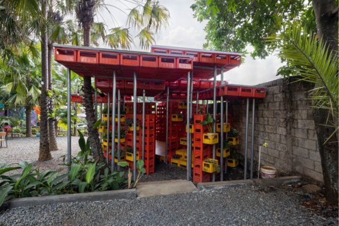 pavilion made of repurposed plastic crates