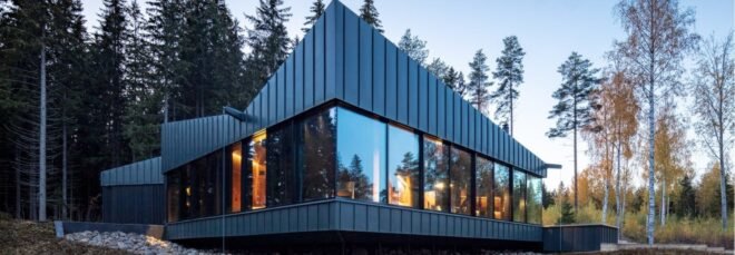 home with angular roof and vertical window cladding