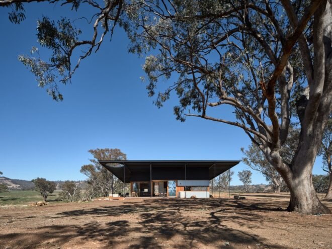 low-lying home with extended roof