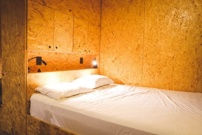 a single bed with lights