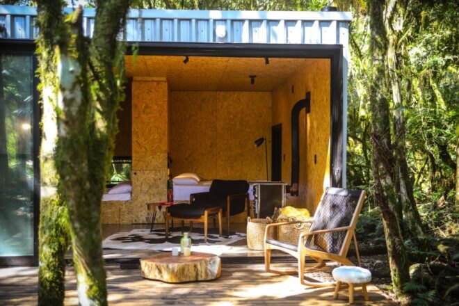 tiny cabin's deck with seating
