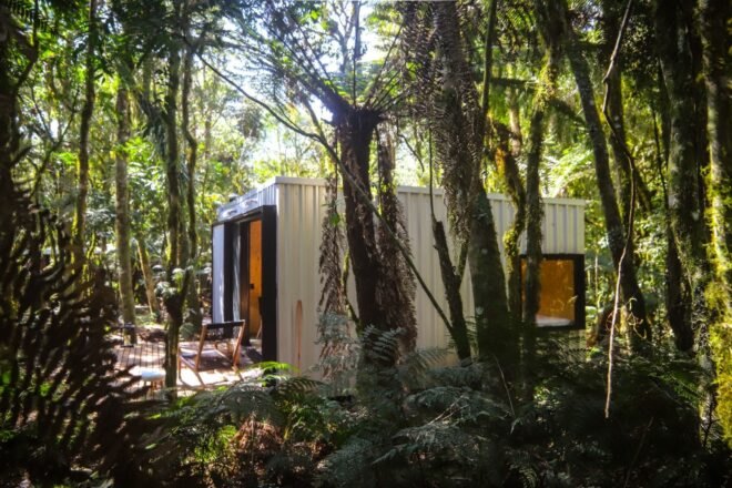 side view of cabin with wooden deck