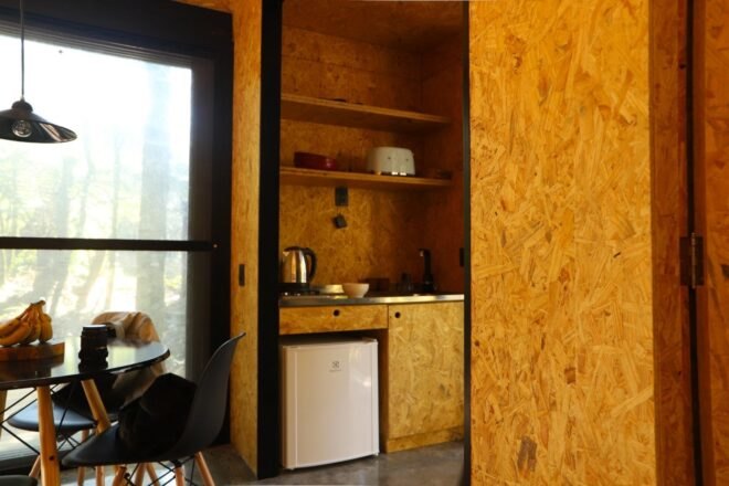 small kitchenette inside tiny cabin