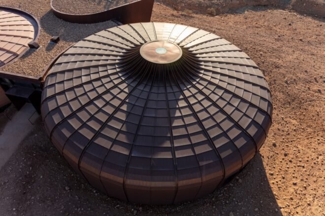 a bird's-eye view of one of the circular structures, with an upturned top