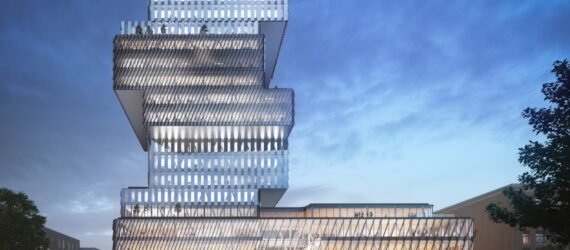 rendering of staggered tower lit up at night