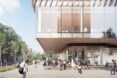 rendering of college students walking around outside building with glass walls